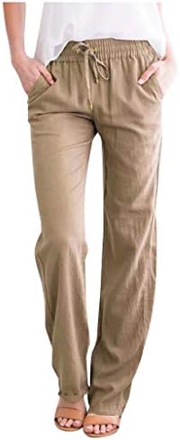 Vickyleb מכנסי פשתן ישר מוצק ומותניים ונשים ארוכות מכנסי כותנה מכתים אלסטיים מזדמנים מכנסי אימון נשים