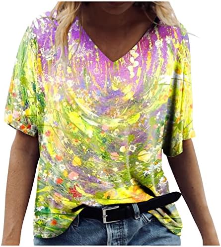 AMXYFBK לנשים שרוול קצר V-NECT צבע מודפס חולצה אימון רופף צמרות אופנה מזדמנת סווטשירט לנשים