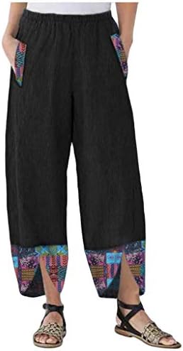 2023 מכנסי פשתן כותנה פלוס גודל, מותניים אלסטיים רחבים פלאצו בוהו קפריס מכנסי טרקלין אופנה נוחים עם כיסים