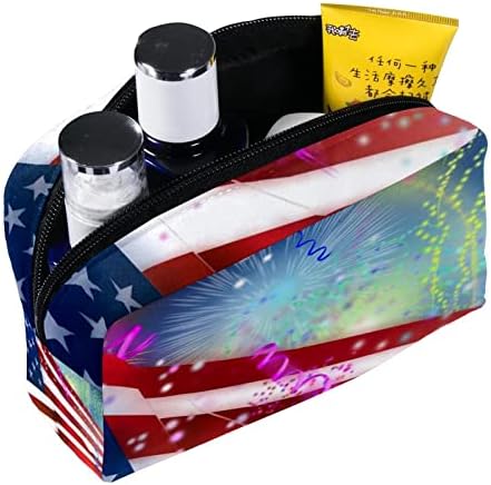 תיק איפור קטן, מארגן קוסמטי של רוכסן לטיולים לנשים ונערות, דגל אמריקאי וזיקקי זיקוקים של 4 ביולי