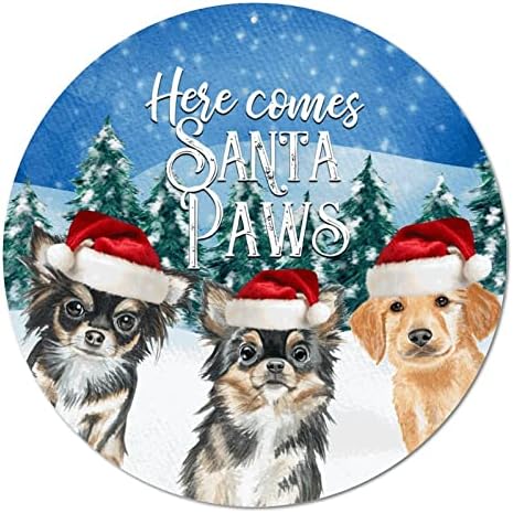 כלב חג המולד כאן מגיע סנטה כפות וינטג 'שלט מתכת עגול מעגל פלאק מעגל מתכת הדפסי תכת