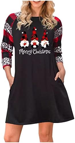 שמלות חג מולד של נוקמופו לנשים מודפסות טוניקה עגולה טוניקה דקה בכיס שרוול ארוך פלוס שמלות חג מולד בגודל