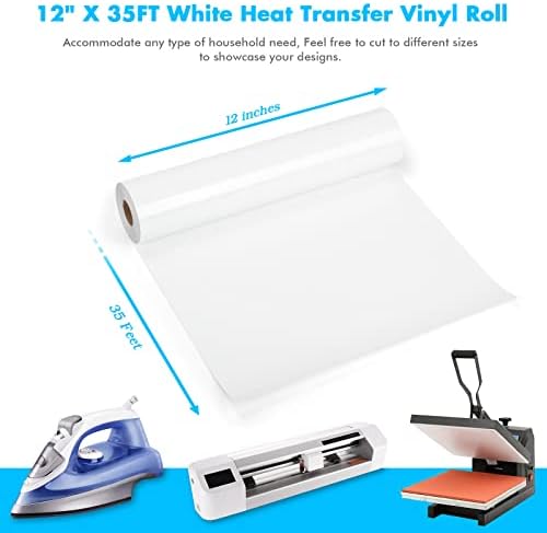 Tutvxo העברת חום העברת גלילי ויניל: 12 x 35ft vinyl vinyl htv, העברת חום לבן ויניל לחולצת T, ברזל לבן על