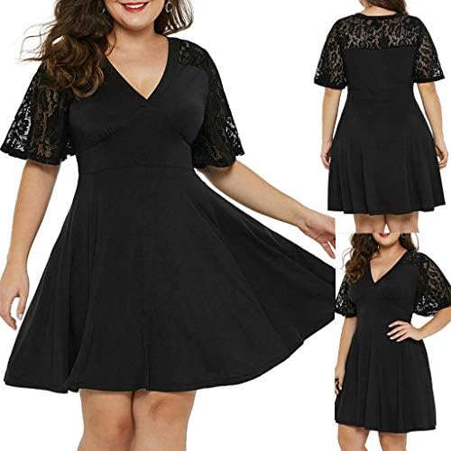בתוספת גודל מזדמן שמלות שחורות גדולות עם תחרה קצרה אופנה מוצקה צווארון V נדנדה א-קו-קו שמלת שרוול פלוס שמלה בגודל