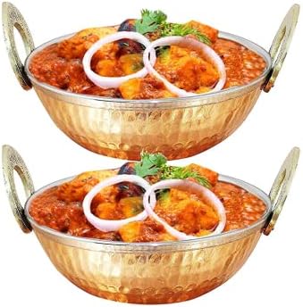 ג ' נקס סט של 4, קערת ארוחת ערב ירקות כלי שירות נחושת הודית עם ידית פליז מוצקה לאוכל הודי, קוטר-13 ס מ