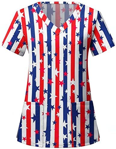 4 ביולי חולצות לנשים דגל אמריקאי קיץ חולצת צווארון שרוול קצר עם 2 כיסים חולצה למעלה בגדי עבודה מזדמנים לחג