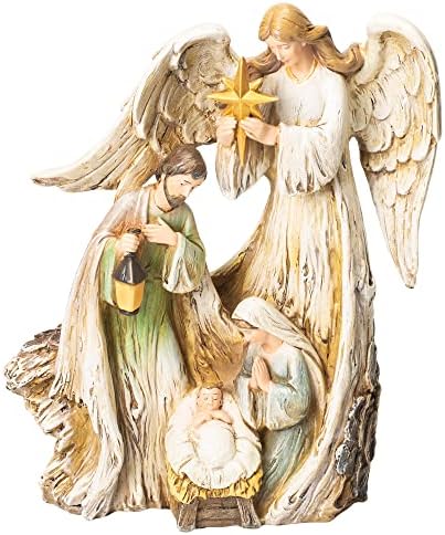 מלאך עם עץ משפחתי קדוש מראה פסלון דקורטיבי של אבן שרף 10 אינץ '
