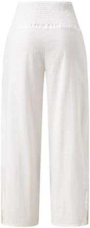 קיץ נשים מותניים גבוהות מותניים כותנה מכנסי פלאצו מכנסי רגל רחבה חוף טרקלין ארוך מכנסיים מפוצלים מכנסיים עם כיסים