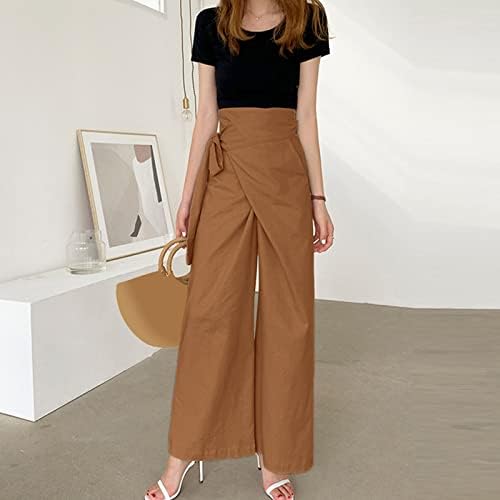 נשים קיץ גבוהה מותן כותנה פשתן פאלאצו מכנסיים רחב רגל ארוך טרקלין מכנסיים מכנסיים עם כיס