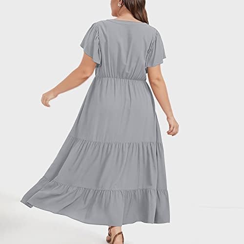 שמלות LMDUDAN Plus SIZE לנשים 2023 שרוול קצר V צוואר שמלה ארוכה אופנה צבע אחיד פרוע זורם קו SUNNGRESS