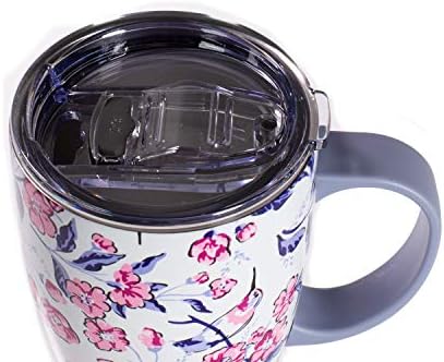 ורה בראדלי ספל קפה מבודד עם ידית, כוס נירוסטה 18 אונקיה עם מכסה, כוס תרמית מתכתית פרחונית ורודה, יונק דבש דיצסי