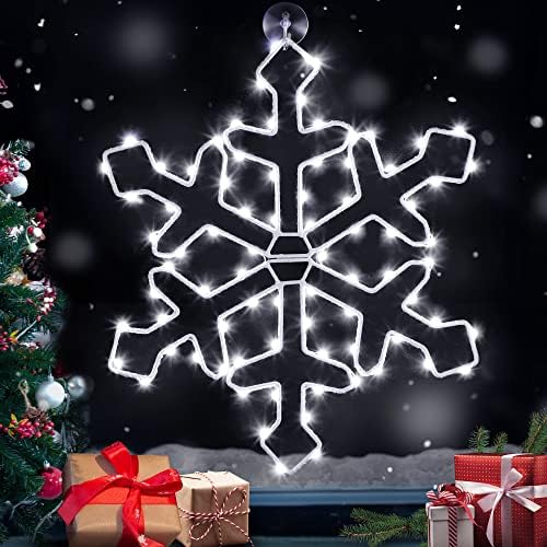 19 '' חג המולד LED קישוטי אורות חלון פתית שלג גדולים, שלט רחוק 12 מצבי תאורה עם פונקציית תזמון, אורות צללית חלון לבן קריר