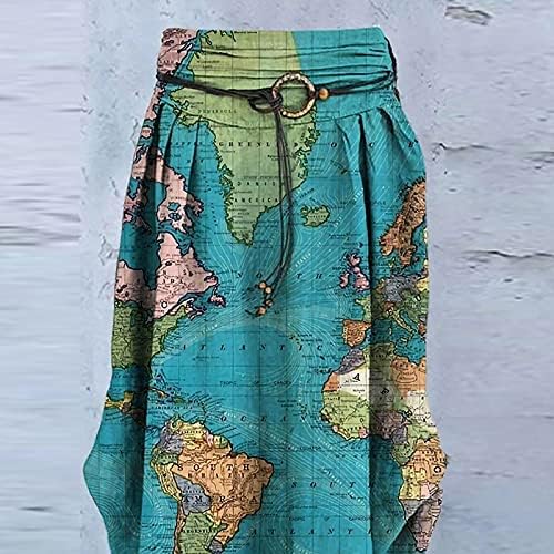 חצאיות פשתן כותנה לנשים של OMBMUT שמלת מקסי מפה גלובלית מודפסת מזדמנת חצאית אמצע עגל אמצעית רופפת רופפת עם אבנטות
