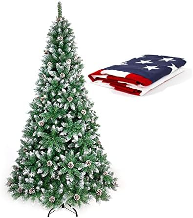 עץ חג המולד PVC PVC מחודד 7ft עם דגל פוליאסטר אמריקאי של 3x5 ft 210D דגל אמריקאי ואורנים, ריסוס לבן, 1200 עצות ענפים.