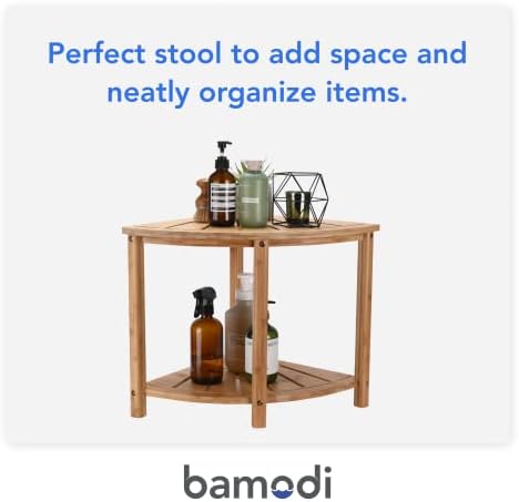 שרפרף פינת במבוק של Bamodi עם מדף אחסון למקלחת פנימית - ספסל אמבטיה מעץ לרגלי גילוח - מארגן אחסון לחללים קטנים