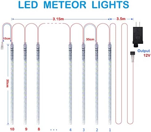 אורות גשם מקלחת מטאור של ויקדיו, 30 סמ 10 צינורות ספירלה 300 נוריות LED 3.15 מ 'מואר אורך אטום אטום למים נורות