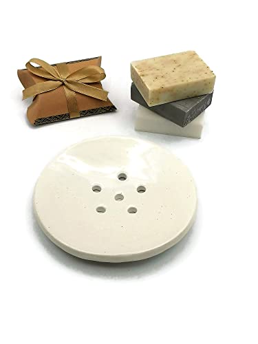 מתקן תבשילי סבון קרמיקה בעבודת יד לבר סבון או בר שמפו, מחזיק ספוג עגול עם חורים