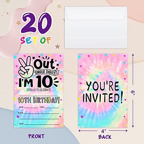 Wuawn 20 Tie Dye Dye הזמנות ליום הולדת 10 עם מעטפות, ספרות רווקים של Peace Out - במילוי יום הולדת הזמנת כרטיסים