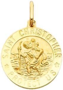 מרכז התכשיטים העולמי תליון מדליית סנט כריסטופר דתי זהב צהוב 14 קראט עם שרשרת שרשרת כבלים 0.9 ממ