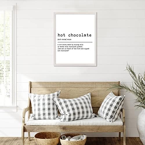 סגנון שיק 20x16 אינץ 'שלט אמנות קיר מעץ עם הגדרת שם העצם המצחיק של שוקולד חם מסגרת לבנה, לוח עץ למשרד חווה חווה חצר
