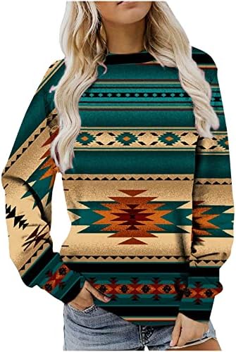 נשים שרוול ארוך סווטשירטים אופנה מערבית אצטקית סוודרים סוודרים גיאומטריים בלוק גיאומטרי דפוס סוודר טוניקה צמרות