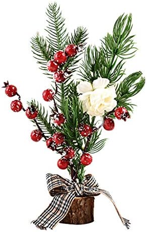 עץ חג המולד של שולחן השולחן, קישוטי עץ האורן המלאכותי של מיני חג המולד עם פירות יער אדומים, פרח, פרי אורן