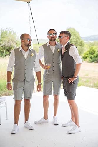 חליפת גברים שני חלקים סט קצר פשתן קיץ לנשף חליפות חתונה שושבין החתן אפוד בכושר דק ומכנסיים קצרים תלבושת ירוק כהה