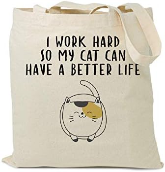 תיק כותנה מכולת לשימוש חוזר עם חתול - אני עובד קשה כדי שהחתול שלי יוכל לחיות חיים טובים יותר, תיק מכולת, תיק קניות מצחיק