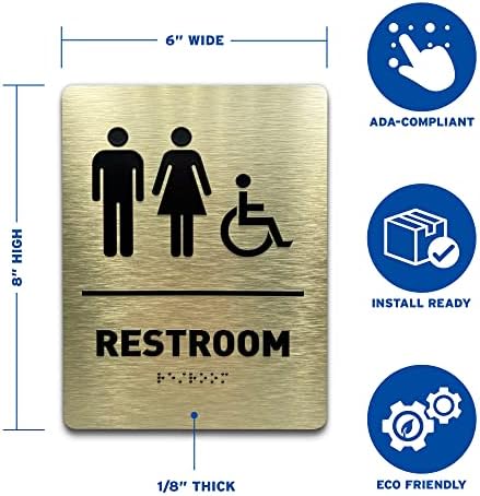 כל שלט האמבטיה המגדרית של GDS - ADA תואם, סמלים נגישים לכיסא גלגלים, סמלים מוגבהים, וכיתה 2 ברייל - כולל רצועות דבק להתקנה