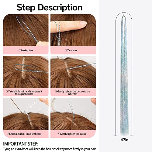שיער טינסל ערכת עם 47 אינץ 1200 גדילים חום עמיד גליטר טינסל הארכת שיער, נוצץ מבריק פיות שיער אביזרי עבור נשים בנות