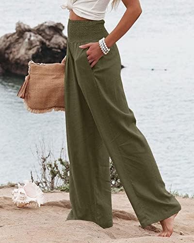 פשתן מכנסיים לנשים רחב רגל מכנסיים קיץ מקרית גבוהה מותן פאלאצו בבאגי חוף טרקלין מכנסיים עם כיסים