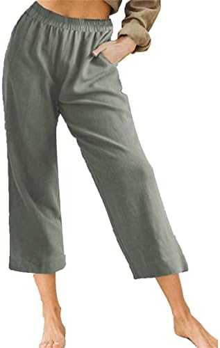 DGHM-jlmy נשים מוצקות רופפות מותניים אלסטיות קפריס מכנסיים פשתן מכנסיים ישרים מזדמנים מכנסיים של טרקלין נוח עם כיסים