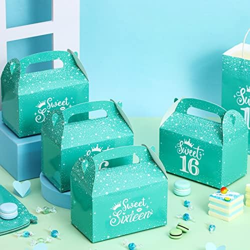 16 קישוטי יום הולדת מתוקים - קופסאות מתנה לטובת המסיבה של 12 יחידות, טורקיז יום הולדת שמח טורקיז קופסאות ממתקים