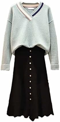 DXMRWJ חליפת חליפת חליפת דו חלקים סתיו וחורף נשים סוודר סרוג צווארון V