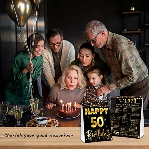 שלט שולחן יום הולדת 50, שחור וזהב בחזרה בקישוטים למסיבות יום הולדת 1973, מתנות יום הולדת וינטג 'לגברים, שלטי עמידה כפול -צדדי