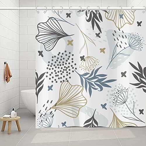 וילון מקלחת בוהו בוהו, עלים בוהמיים קווים מופשטים צמחים פרחוניים וילונות אמבטיה דפוסים בוטניים בד אטום מים עם ווים לעיצוב