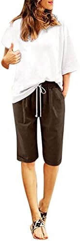 מכנסיים קצרים לנשים כותנה פשתן מכנסי מכנסיים קצרים מטיילים במכנסיים קצרים של פשתן כותנה עם כיסים