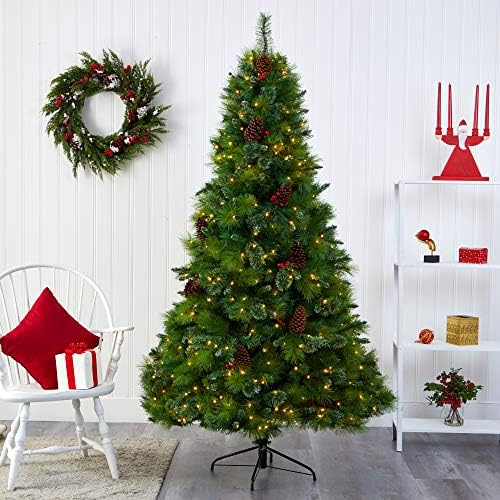 כמעט טבעי 7ft. מונטנה מעורבב אורן עץ חג המולד מלאכותי עם חרוטים אורנים, פירות יער ו -500 נורות LED ברורות, ירוק