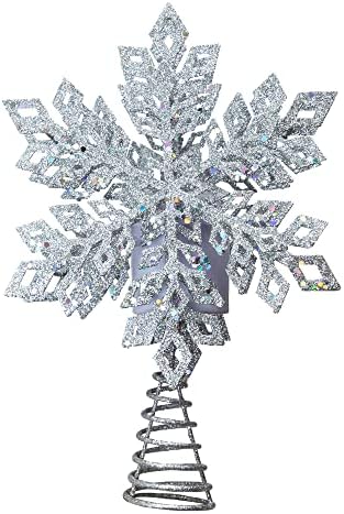Toppers עץ חג המולד של ג'וידומי, טופר עץ פתית שלג מכסף מואר עם LED כוכב לבן מסתובב מקרן פתית שלג אור לקישוטי עץ חג