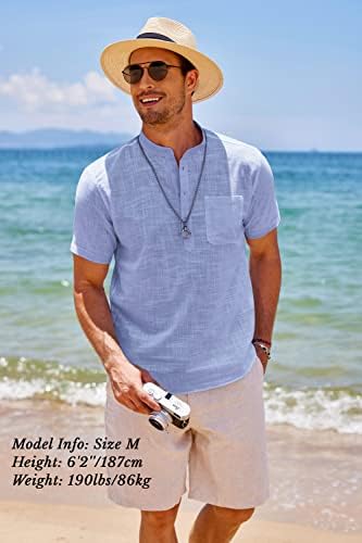 קואופנדי כותנה גברים פשתן הנלי חולצה שרוול קצר היפי חוף חוף מזדמן עם כיס עם כיס