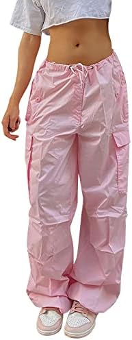 מכנסי מטען נשים שקיעות Y2K ישר מכנסי טרקלין רגליים רחבות עם מכנסי מצנח עם כיס מותניים נמוכים לנשים לנשים