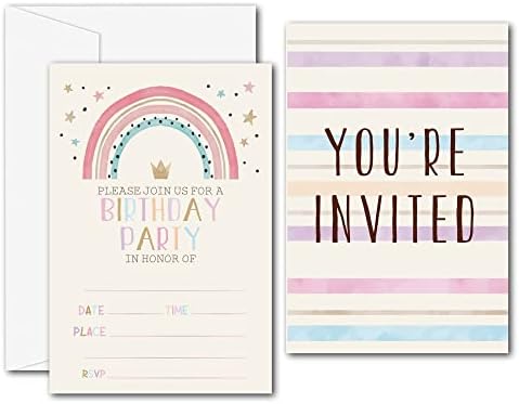 הזמנות למסיבת יום הולדת של קשת פינק - ציוד למסיבות קשת בוהו - מלא את מסיבת יום ההולדת הריקה מזמין - 20 כרטיסי הזמנה עם 20 מעטפות