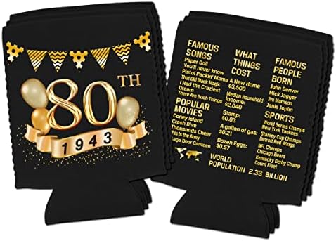יום הולדת 80 יכול מצנן שרוולים חבילה של 12-1943 סימן-80 יום השנה קישוטים-מלוכלך 80 יום הולדת ספקי צד - שחור וזהב שמונים