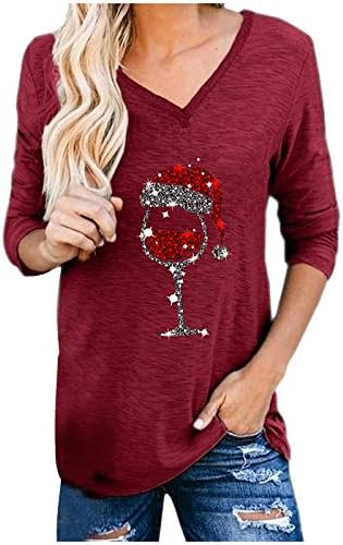 Narhbrg נשים חג המולד חולצת זכוכית יין אדום 2022 חולצת טשס מצחיק חולצת טקס חולצה נגד חולצות צוואר