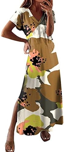 קיץ לנשים קז'ן אופנה שרוול קצר V חריץ צוואר פרחוני שמלה מודפסת מסיבת קוקטייל מתנדנד