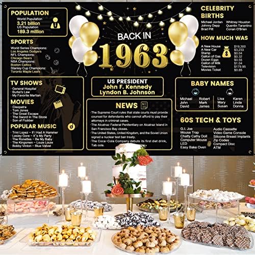 Roetyce 1963 קישוטים ליום הולדת 60 לגברים נשים, וינטג 'בשנת 1963 באנר תפאורת יום הולדת זהב שחור, גדול במיוחד