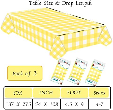 3 חבילות שולחן גינגהאם צהוב 54 x 108 בד שולחן משובץ צהוב ולבן לשולחן מלבן שולחן מלבן כיסוי שולחן פלסטי