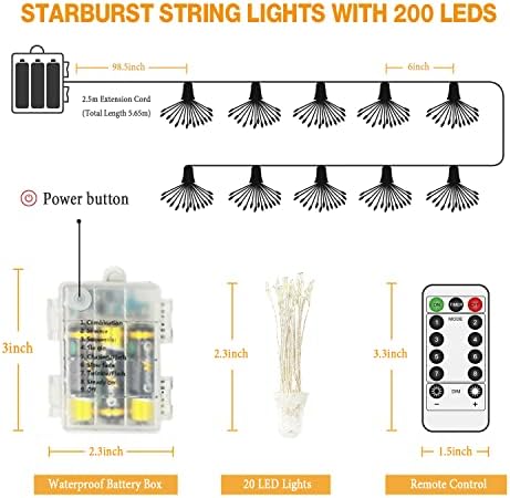 אורות מיתרים LCFT - 200 כוכבי LED, פיה עם 8 מצבי תאורה, זיקוקי מיני של שלט מרחוק סוללה לקישוטים למסיבות חתונה פטיו גן,