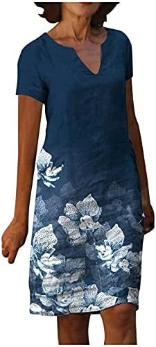 שמלת קיץ של Tifzhadiao לנשים, שרוול קצר מזדמן לנשים שמלות טוניקה בצוואר שמלות דפוס פרחוני טרנדי שמלות פשתן כותנה