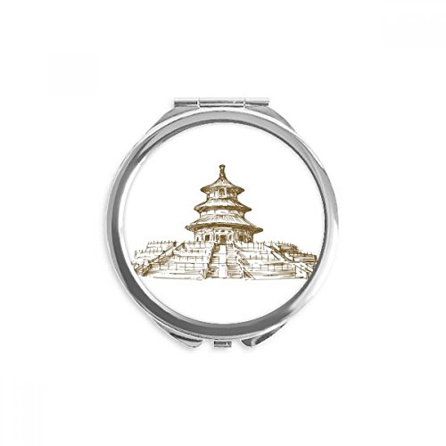 סין מקדש שמים ציון דרך סקיצה יד קומפקטי מראה עגול נייד כיס זכוכית